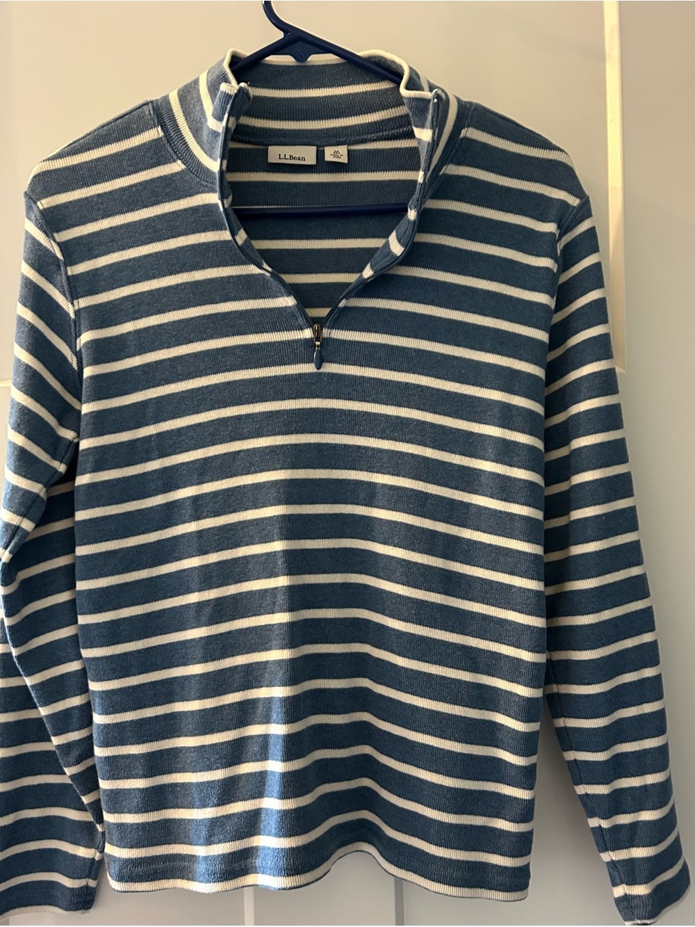 L.L. Bean Women's Blue and White Striped Half-Zip Turtleneck Sweater